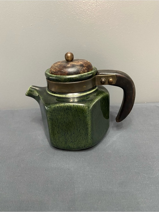unbranded Other - VTG Japanese Stoneware Teapot Green Speckled Glaze Wooden Handle Brass Fittings